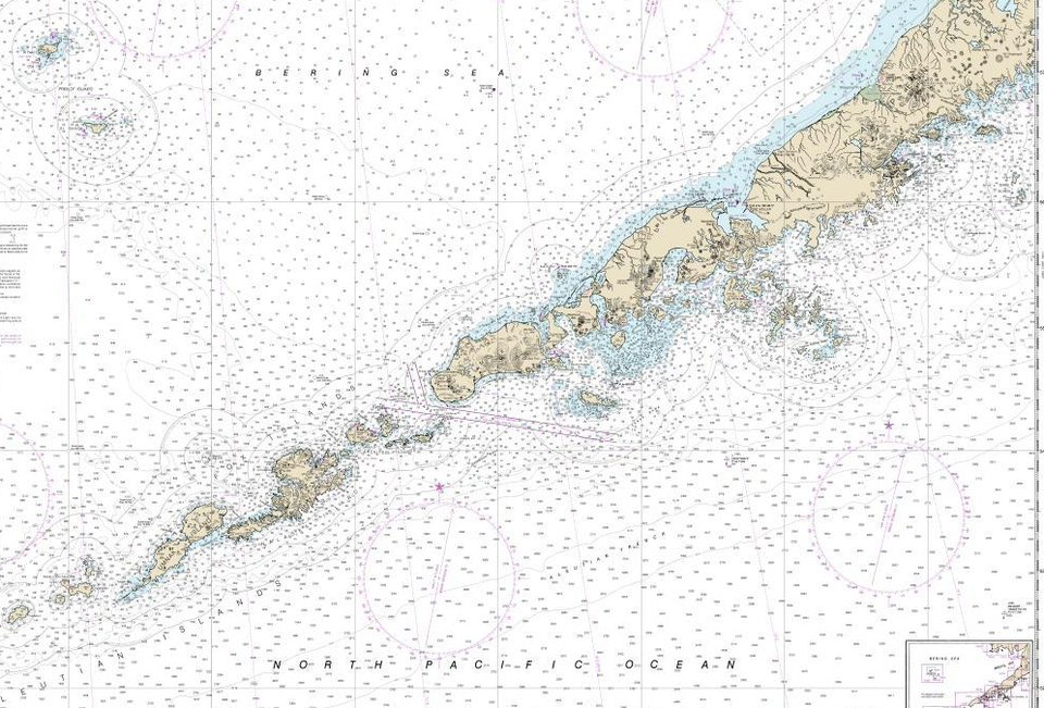 Arco de las islas Aleutianas en la carta náutica NOAA 16011