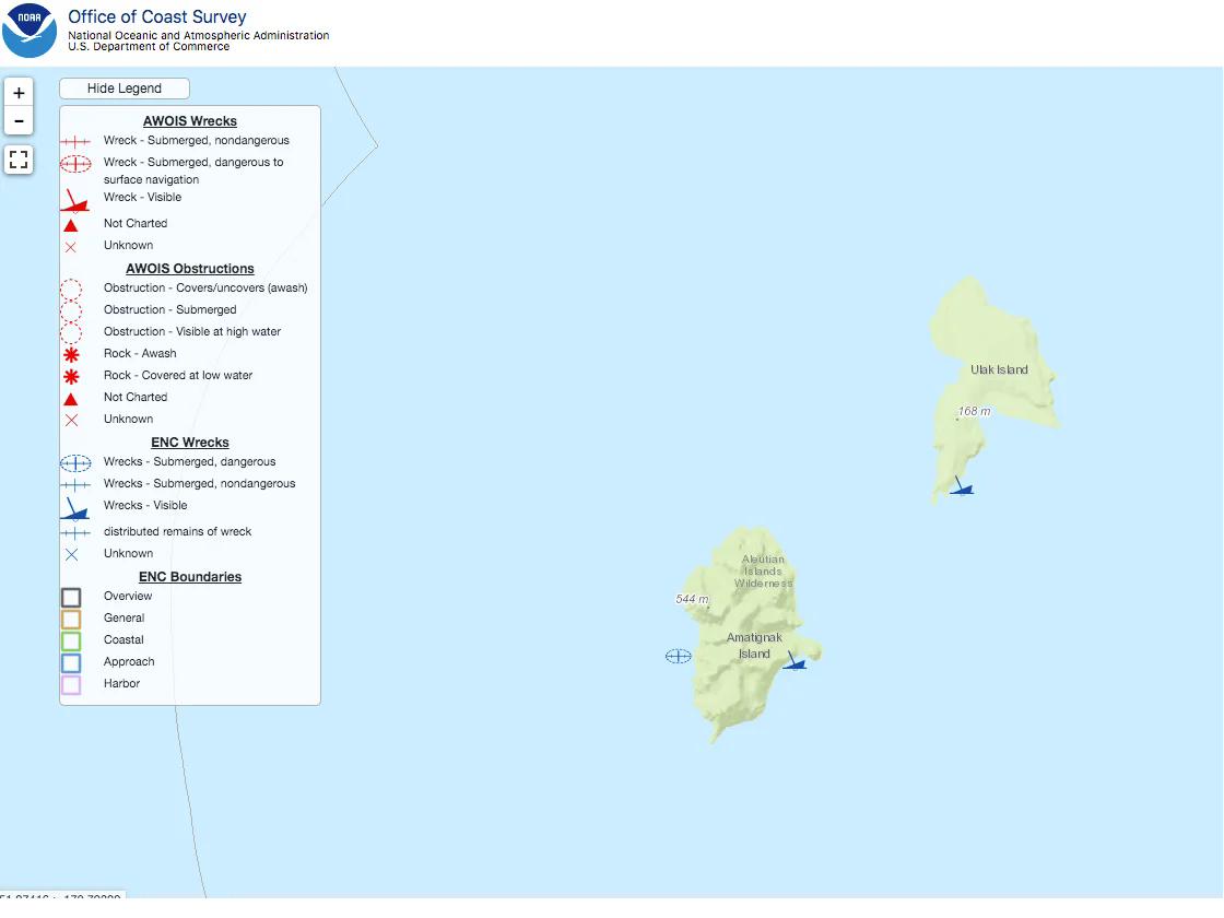 Carta náutica NOAA mostrando Ulak Island y pecio del San Patrick